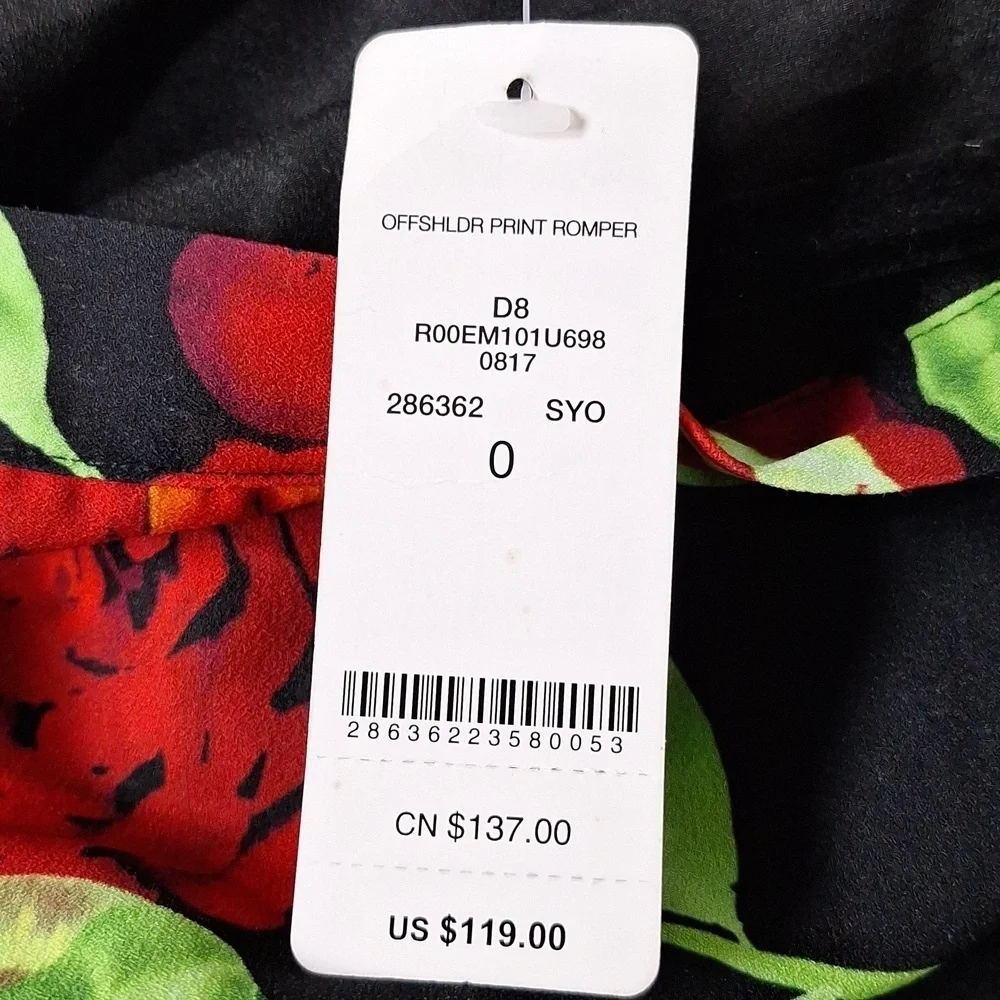Bebe NEW Red Black Romantic Bohemian Off Shoulder Floral Print Romper Size 0